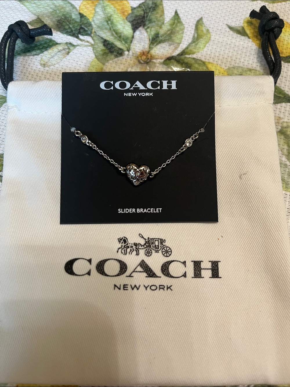 Coach Silver Heart Slider Bracelet with Crystal Accents